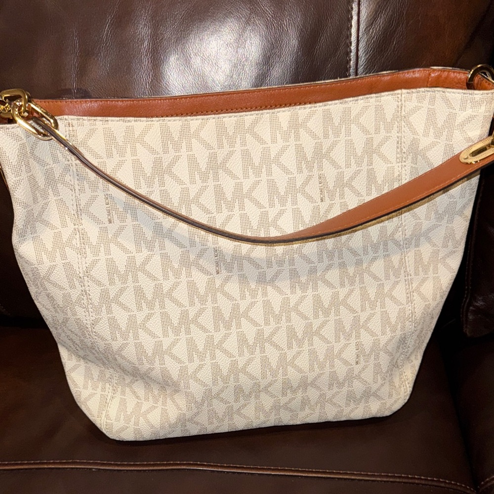 Michael Kors Fulton White logo and Brown Shoulder medium size Bag hobo